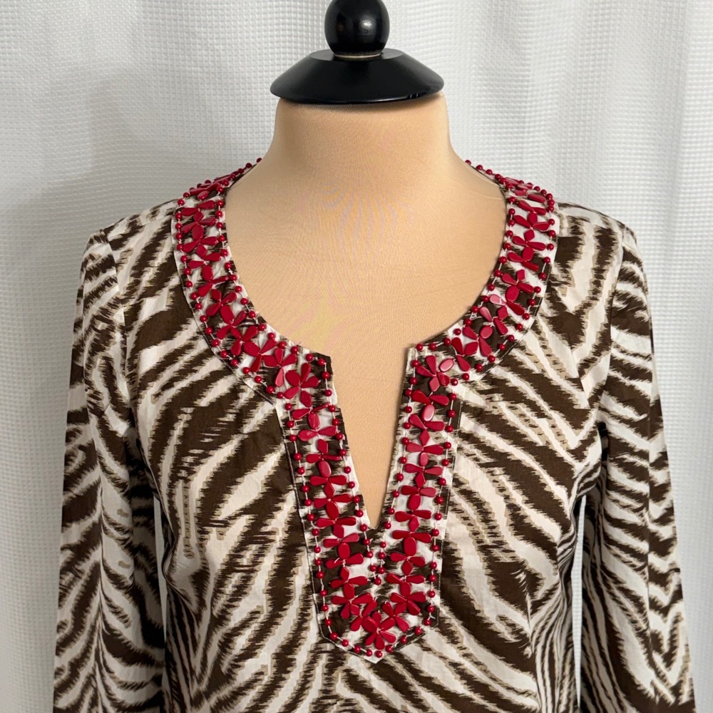 Ann Taylor Loft Women's Boho Beaded Neck Zebra Print Tunic
